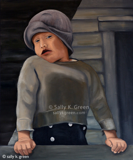 a young boy, a sharecropper's son, on a porch