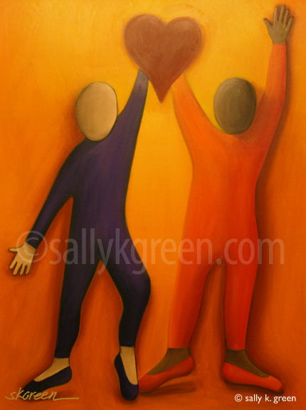 white and black figures holding a heart
