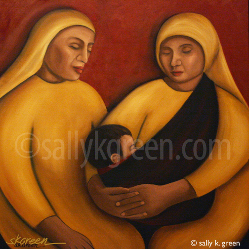 two women with a baby